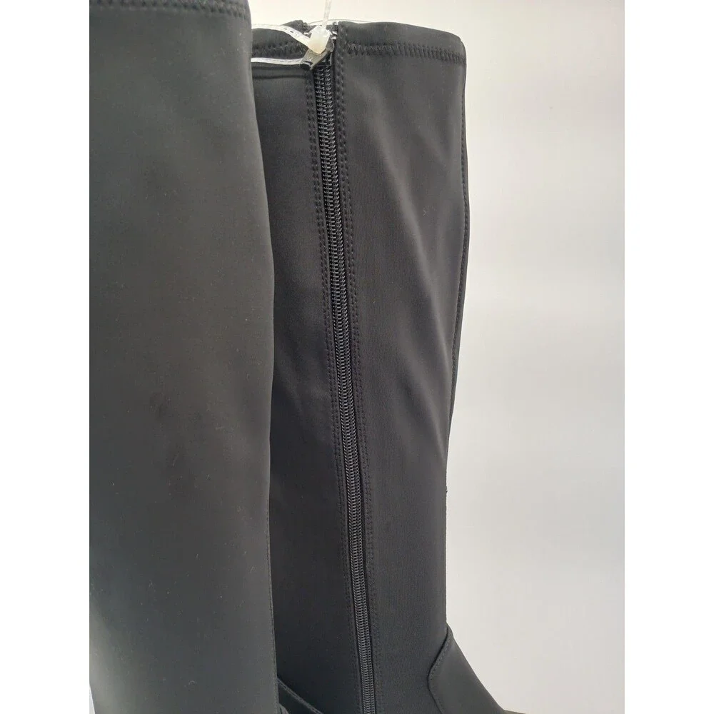 NEW- Size 7.5M Womens Alex Marie Zip Up Knee High Boots Chunk Heel Fabric Black